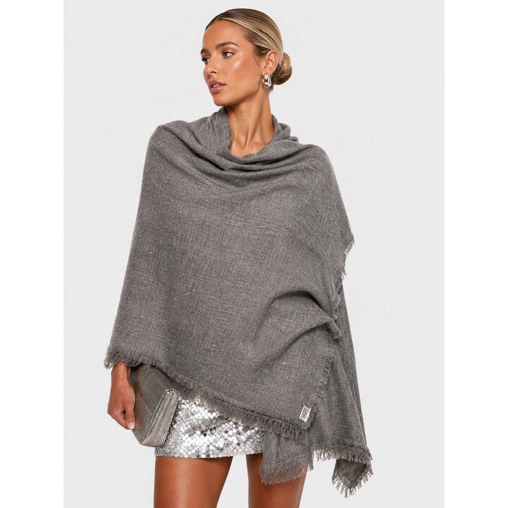 Lulla Collection by Bindya Gray Wool Blend Sequin Frayed Scarf Wrap 32x84